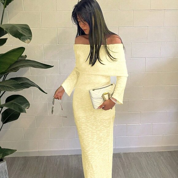 Light Yellow Elegant Women's Sexy Beach Vacation Off shoulder maxi Dress - Picture 3 of 10